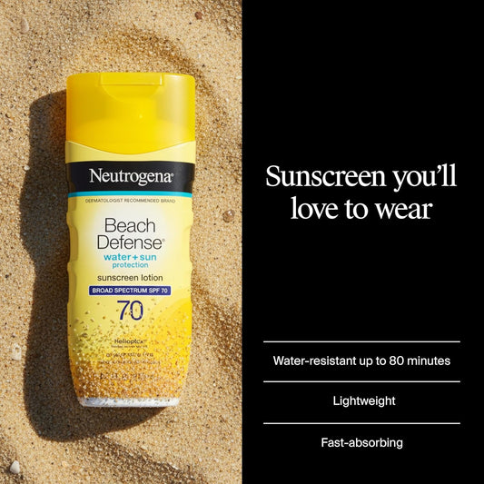 Neutrogena Beach Defense Sunscreen Lotion SPF 70 Broad Spectrum UVA UVB Protection Lightweight Water Resistant up to 80 Minutes Oil-Free Beach-Strength Sun Protection for Whole Family, 6.7 Fl Oz