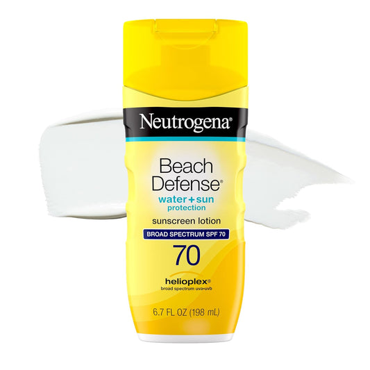 Neutrogena Beach Defense Sunscreen Lotion SPF 70 Broad Spectrum UVA UVB Protection Lightweight Water Resistant up to 80 Minutes Oil-Free Beach-Strength Sun Protection for Whole Family, 6.7 Fl Oz