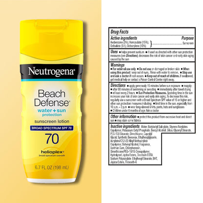 Neutrogena Beach Defense Sunscreen Lotion SPF 70 Broad Spectrum UVA UVB Protection Lightweight Water Resistant up to 80 Minutes Oil-Free Beach-Strength Sun Protection for Whole Family, 6.7 Fl Oz